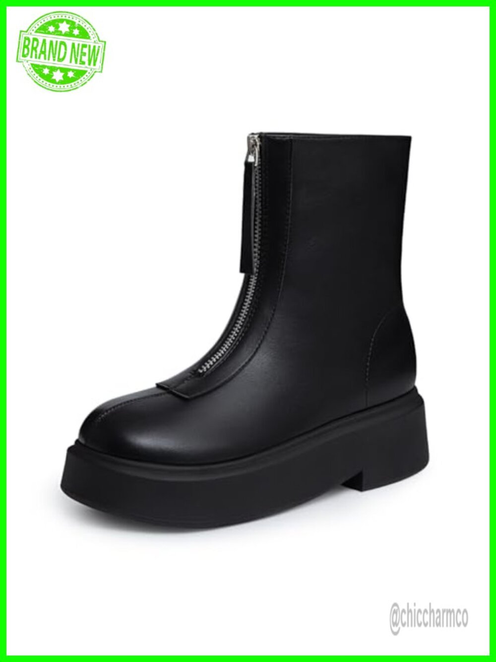 Women's Platform Ankle Boots Faux Leather Front Zipper Chunky Heel